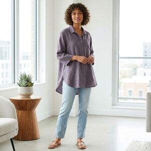 Kleen Women's Purple Casual 100% Linen Button Down Shirt XL